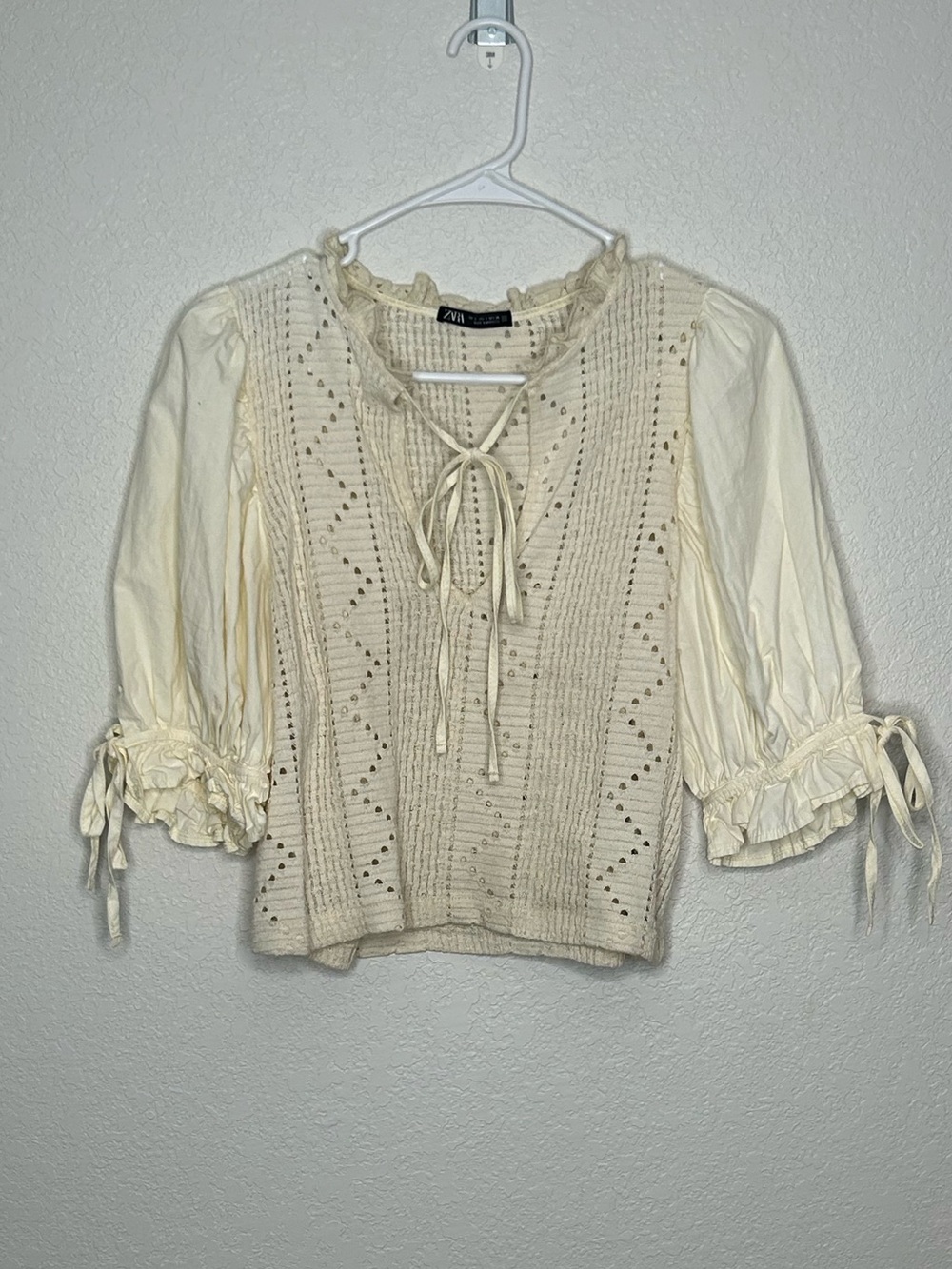 Zara Cream Crochet Tie-Front Peasant Blouse